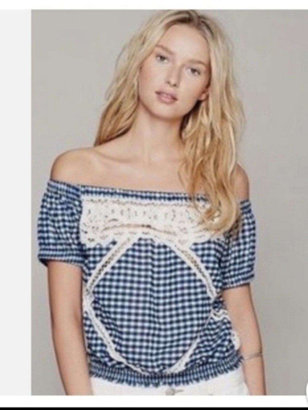Free People Peggy Sue Blue Gingham w/ Crochet Detail. Off The Shoulder. Size M
